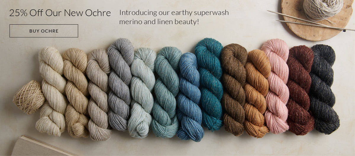 25% Ochre, our new superwash merino wool and linen yarn!