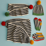 Carousel Collection knitting pattern by Ainur Berkimbayeva, including hat, scarves, mittens, and slippers, in Purl Soho's Hedgerow yarn